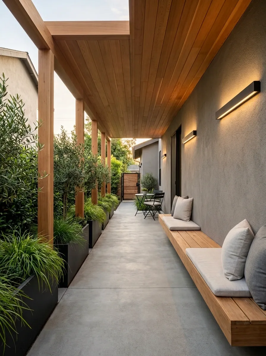 Slim Pergola With Roof Over a Long Narrow Side Patio