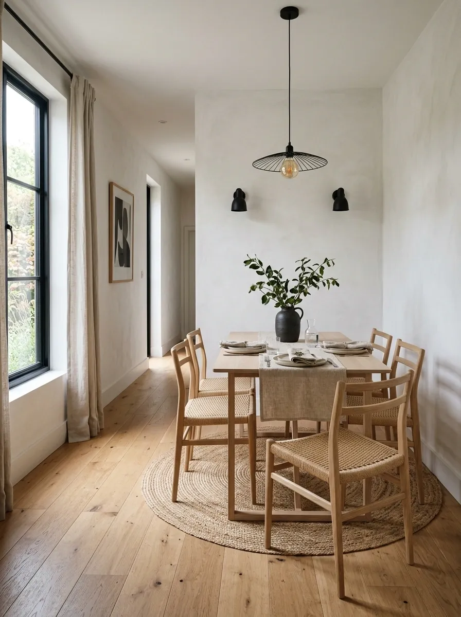 Slim Scandinavian Dining Room With Pale Oak and Soft White Walls