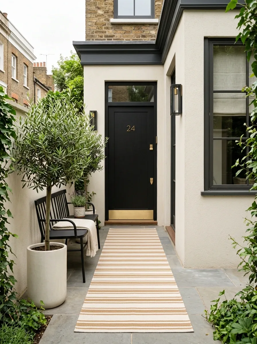 Slim Striped Rug For a Narrow Townhouse Porch