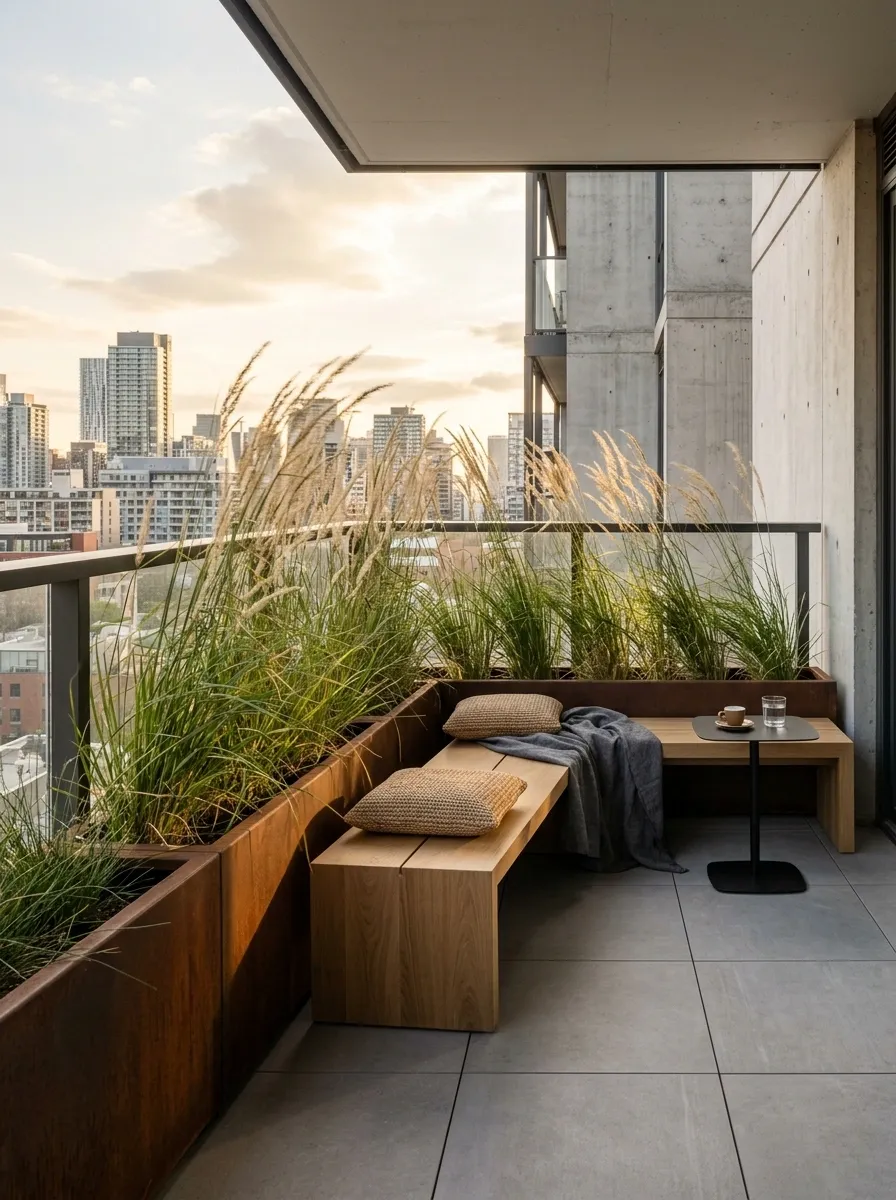 Slim Urban Balcony With Half-Height Privacy Planter