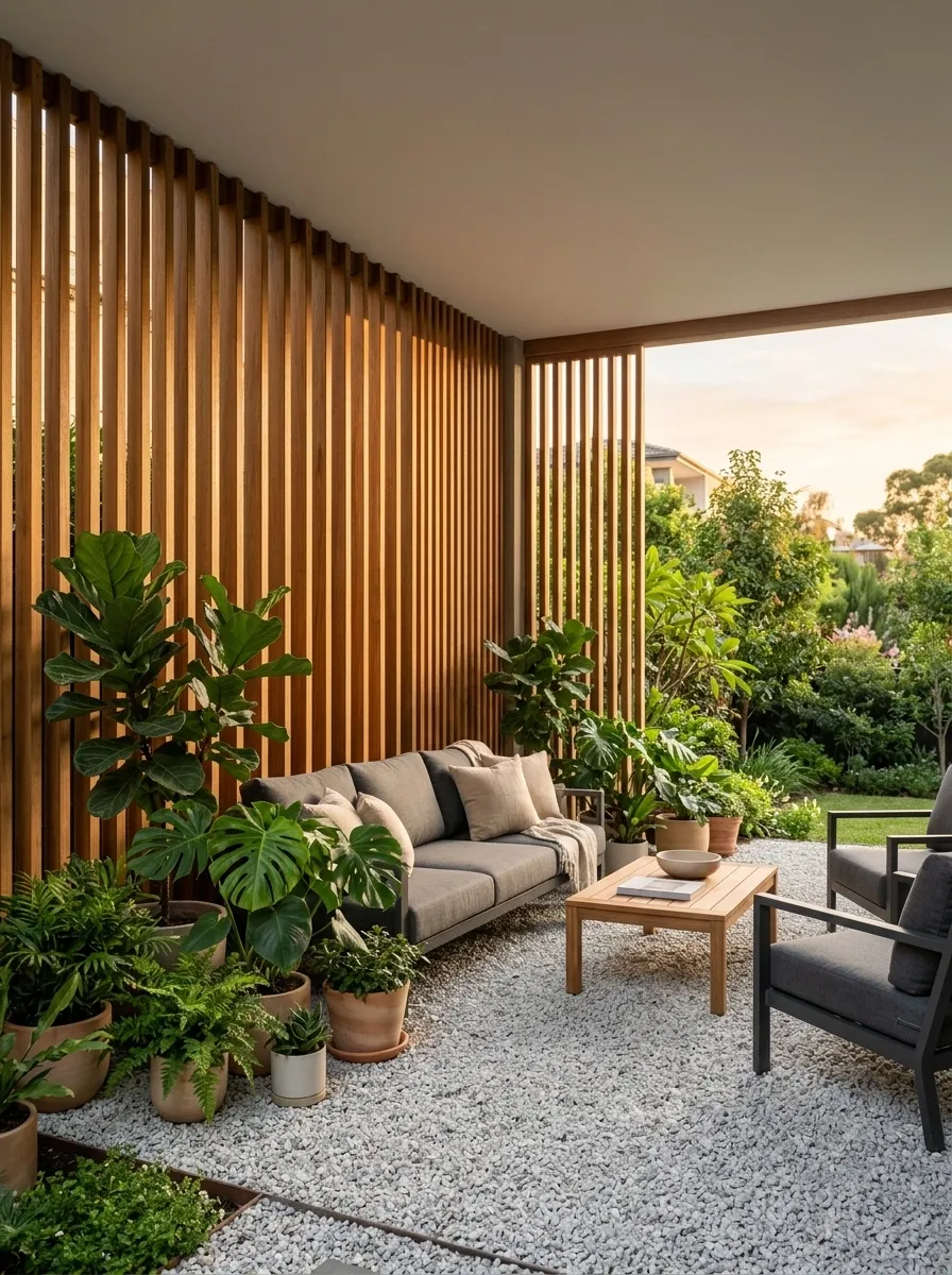 Slim Vertical Slat Screen With a Small Gravel Patio