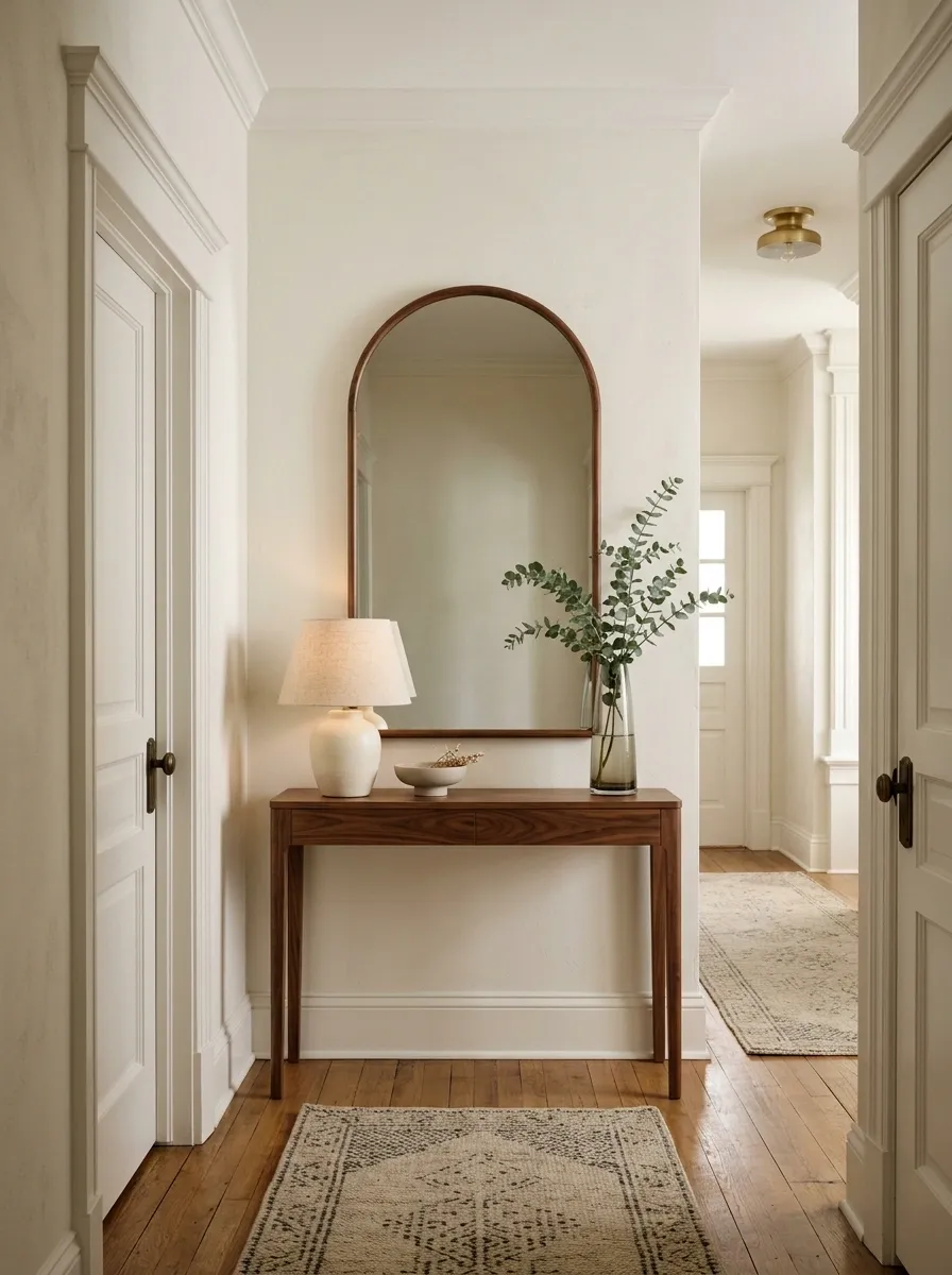 Slim Walnut Console With an Oversized Arched Mirror