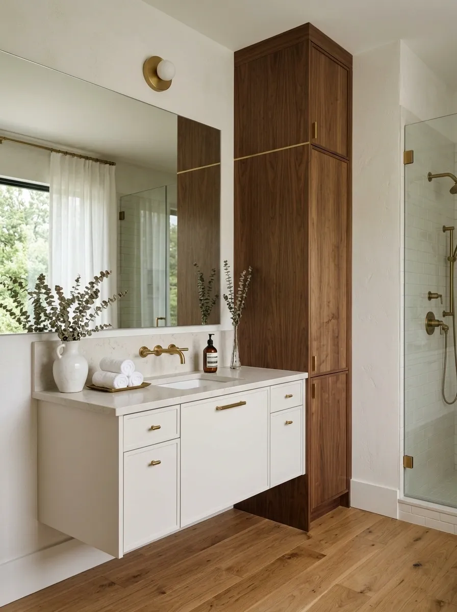 Slim Walnut Tower Beside a Soft White Floating Vanity