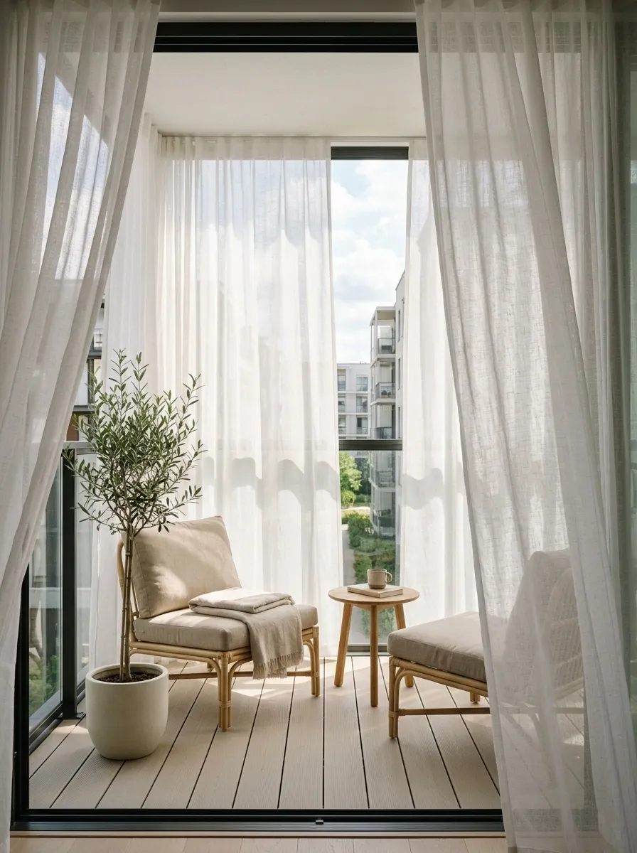Small Apartment Balcony With Sheer Outdoor Panels
