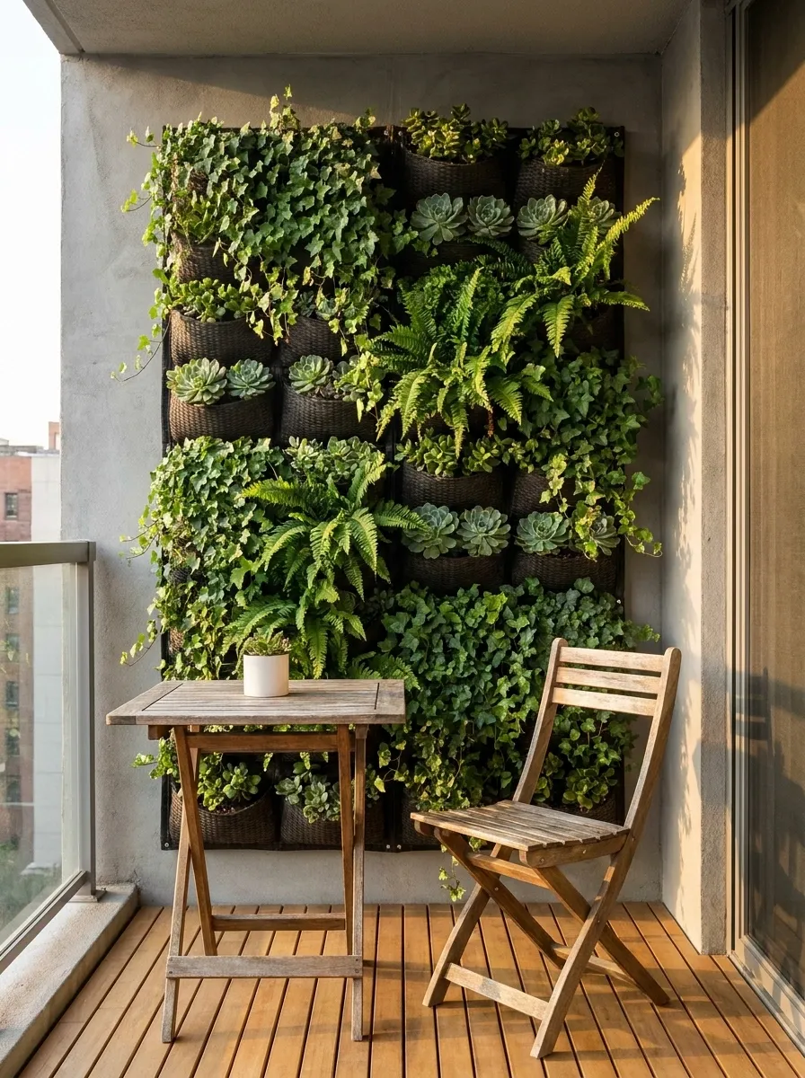 Small Apartment Balcony With Vertical Planter Wall