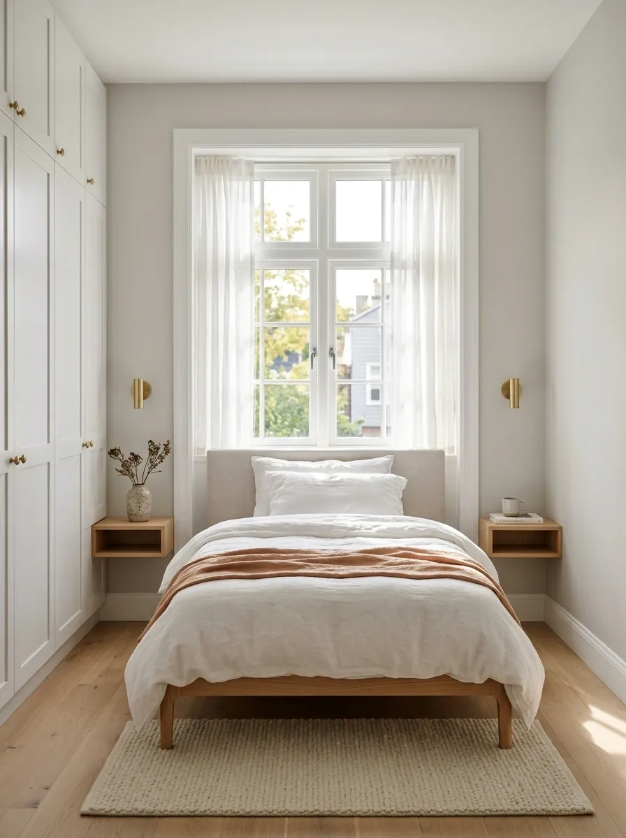 Small Apartment Bedroom With a Narrow Bed Beneath a Centered Window