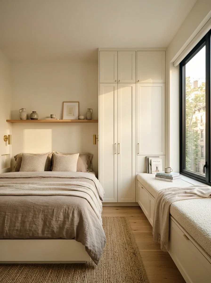Small Apartment Bedroom With Built-In Storage and a Window Seat
