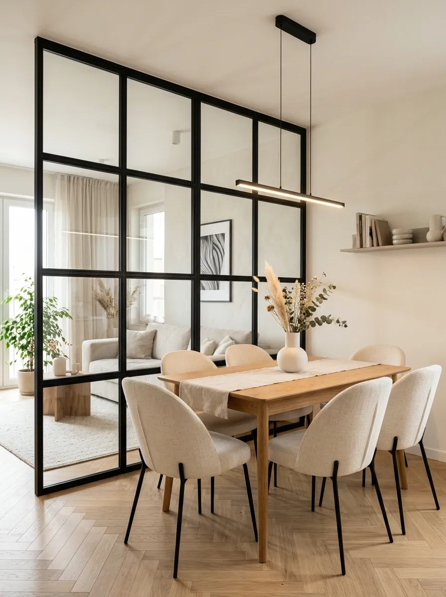 Small Apartment Dining Zone Defined by a Glass Partition