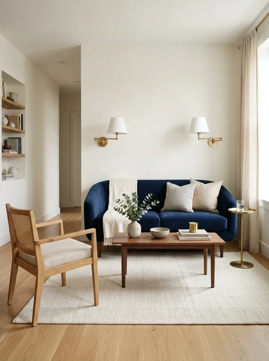 Small Apartment Living Room With a Compact Blue Sofa