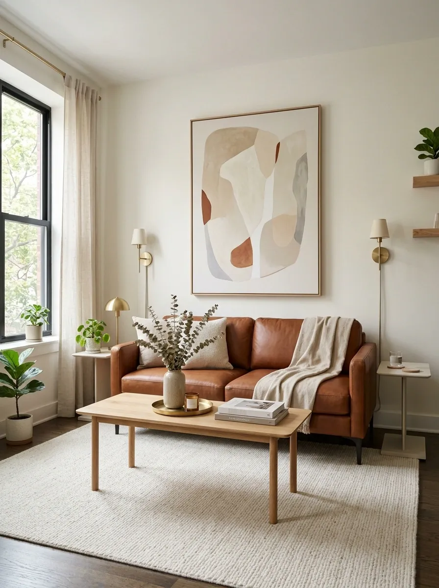 Small Apartment Living Room With a Compact Brown Sofa