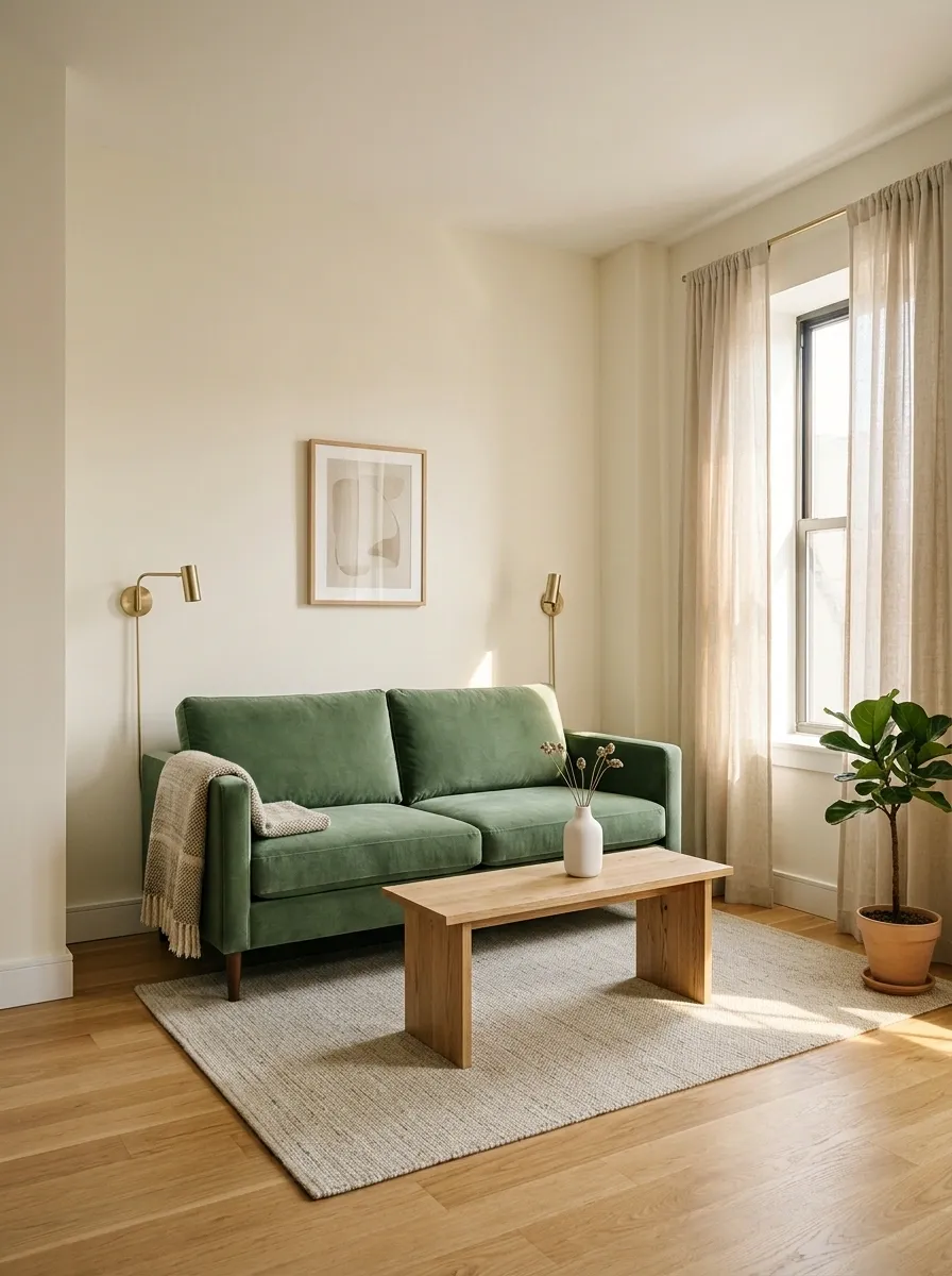 Small Apartment Living Room With a Compact Sage Sofa