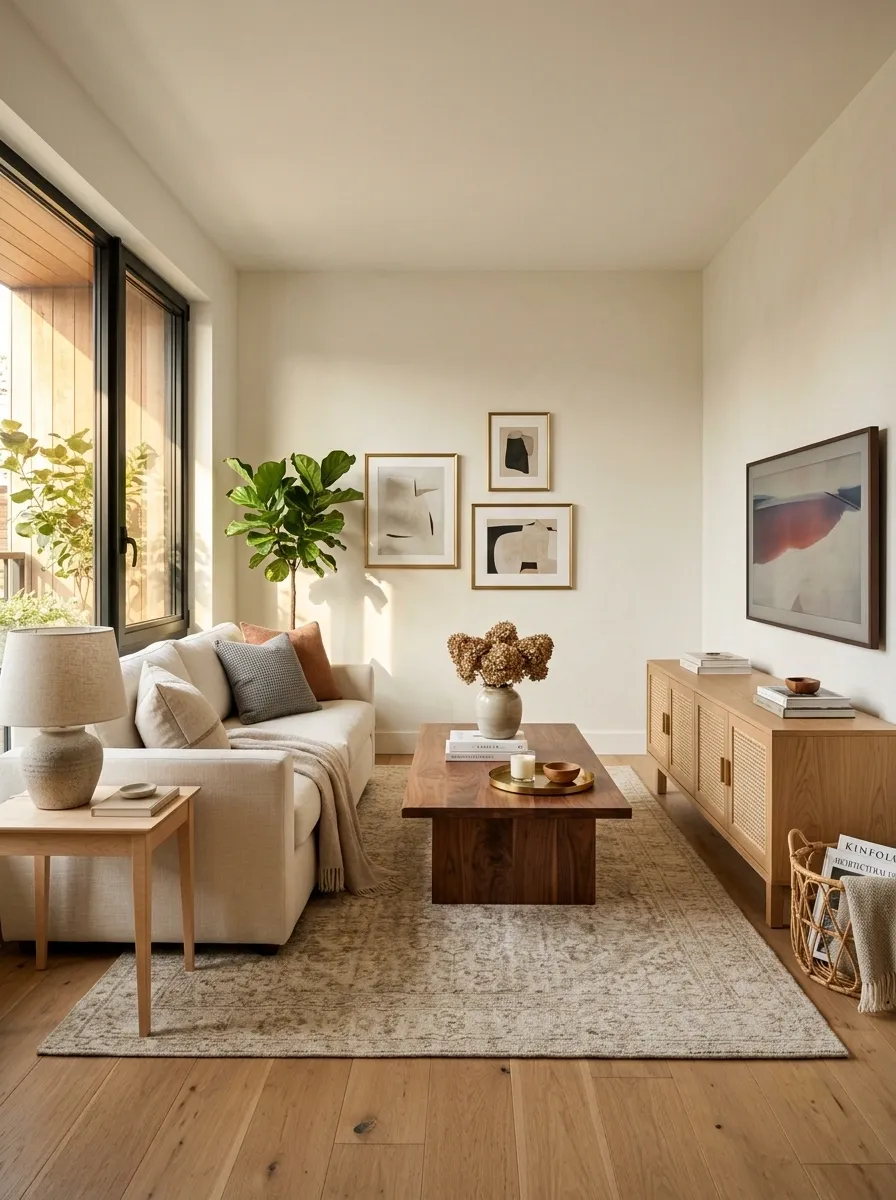 Small Apartment Living Room With Oak, Walnut, and Maple