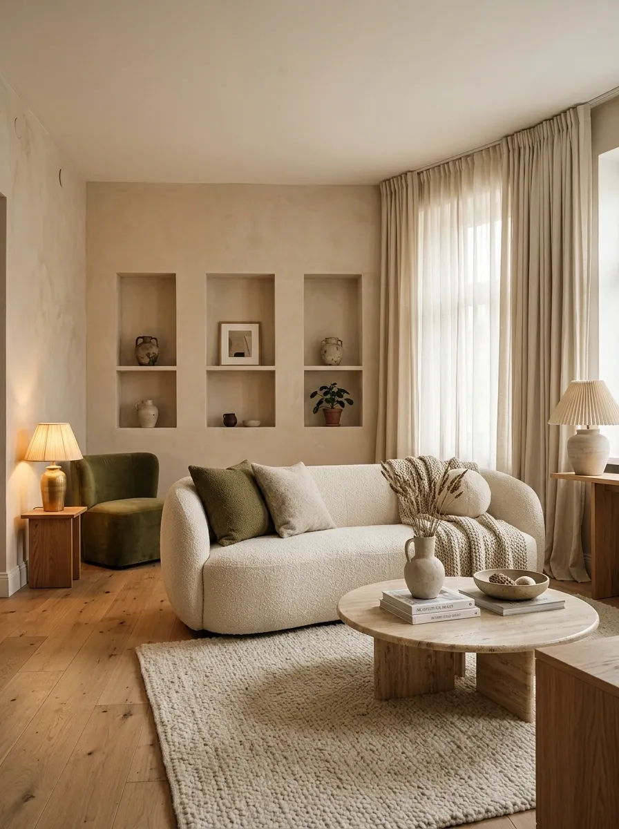 Small Apartment Living Room With Soft Curves and Built-In Warmth