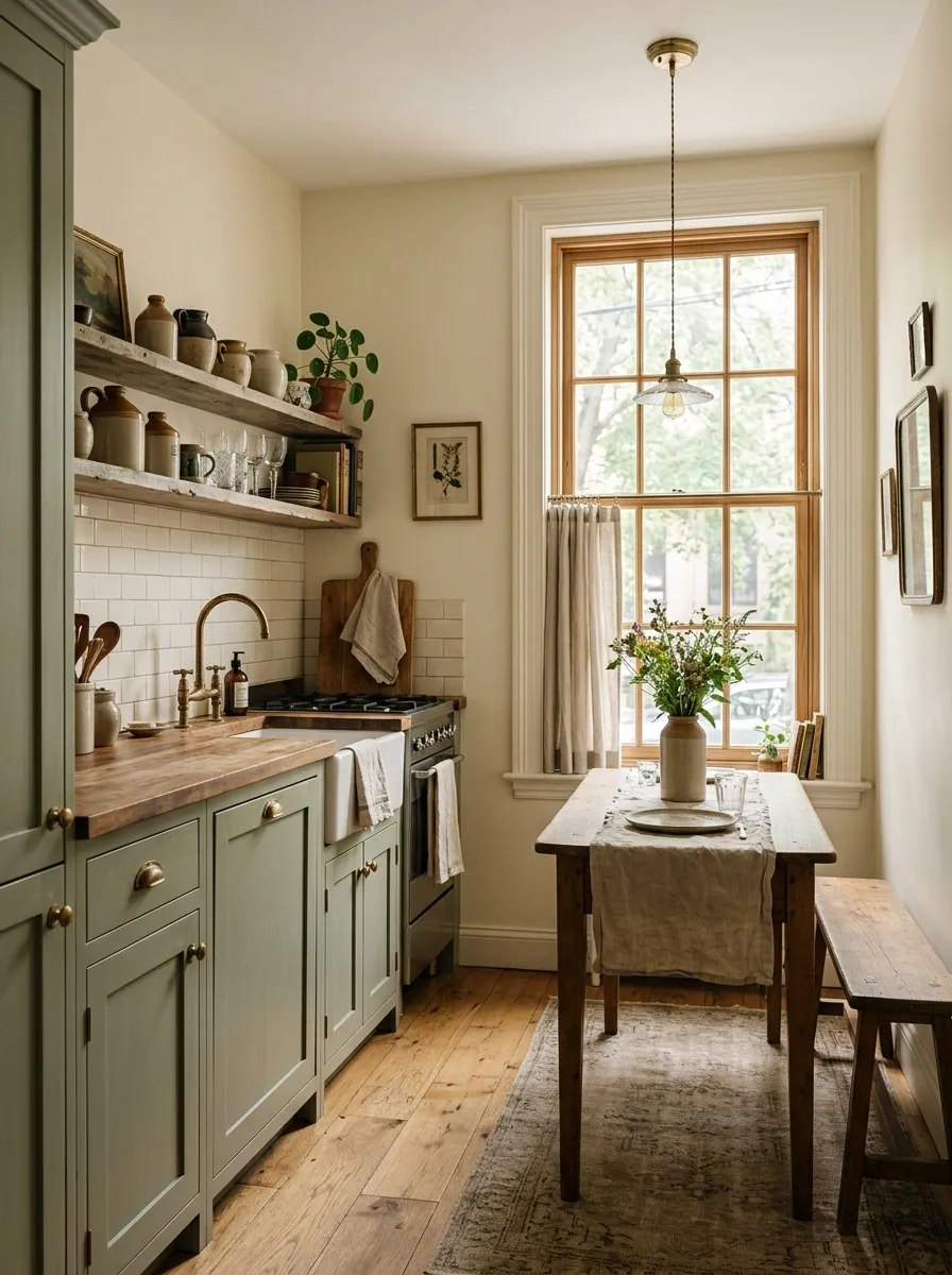 Small Apartment With a Vintage Green Kitchen and Dining Nook