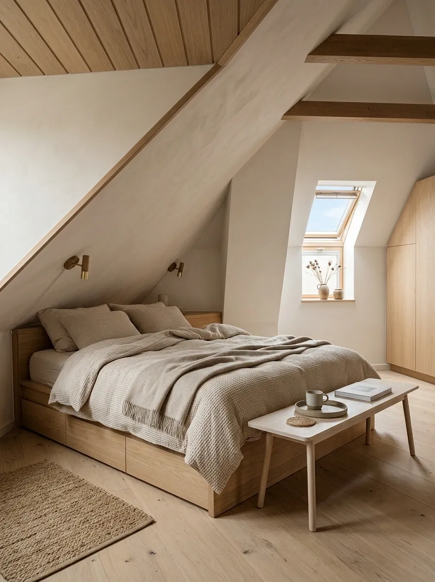 Small Attic Bedroom With a Bed Tucked Into the Lowest Ceiling Area