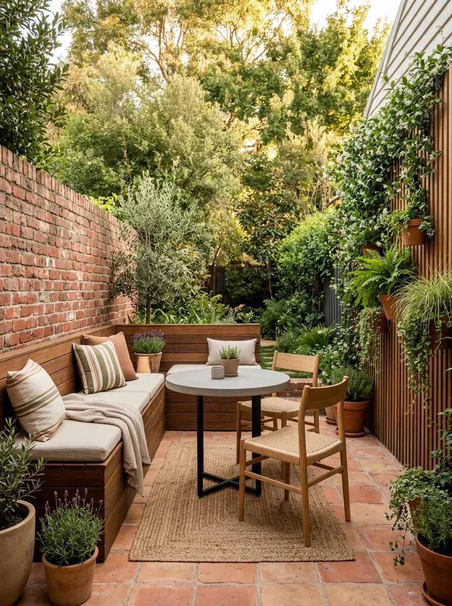 Small Back Patio With Built-In Bench Seating and Vertical Planting