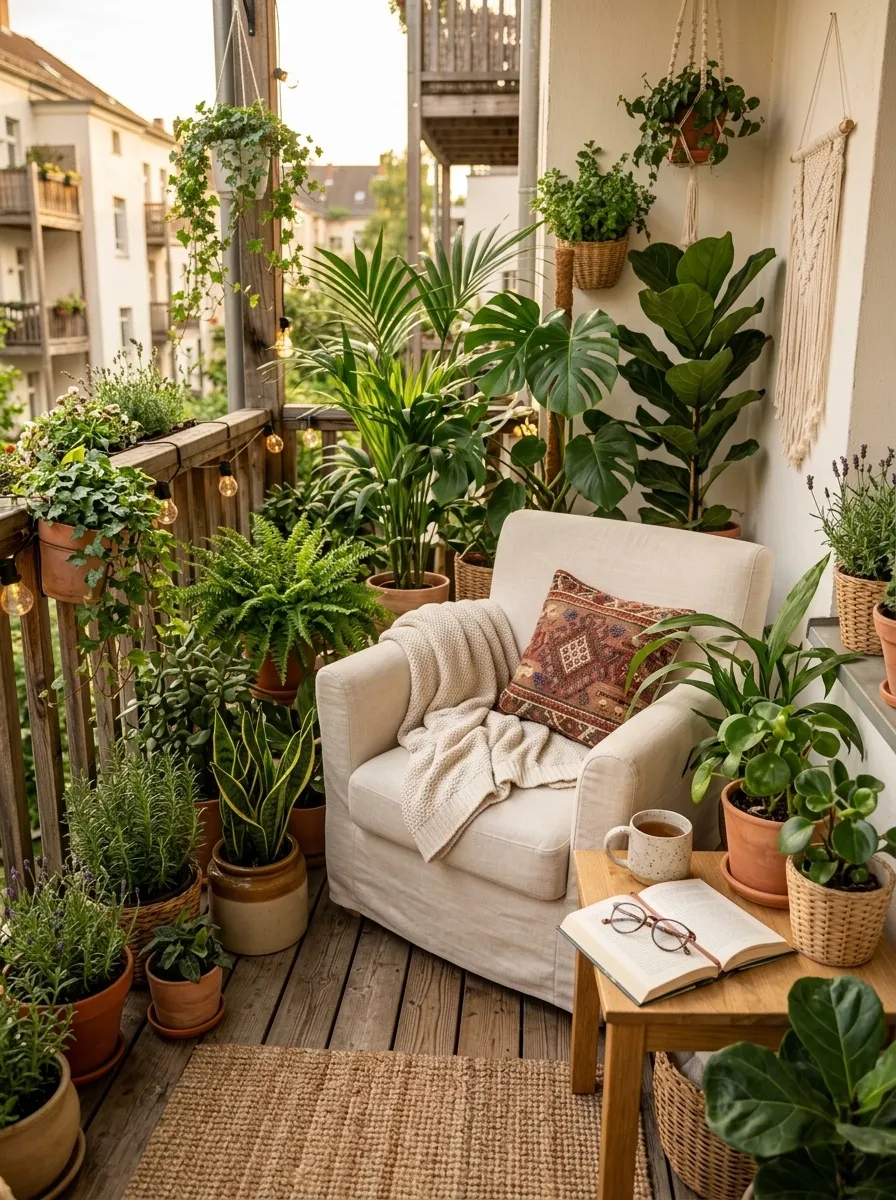 Small Balcony Garden With a Corner Reading Nook and Dense Foliage