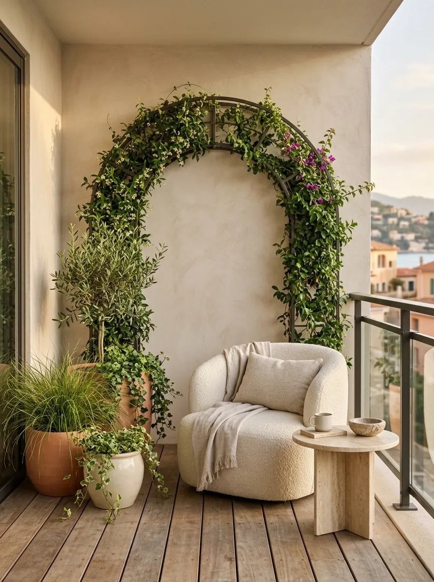 Small Balcony With an Arched Planting Screen and Curved Furniture