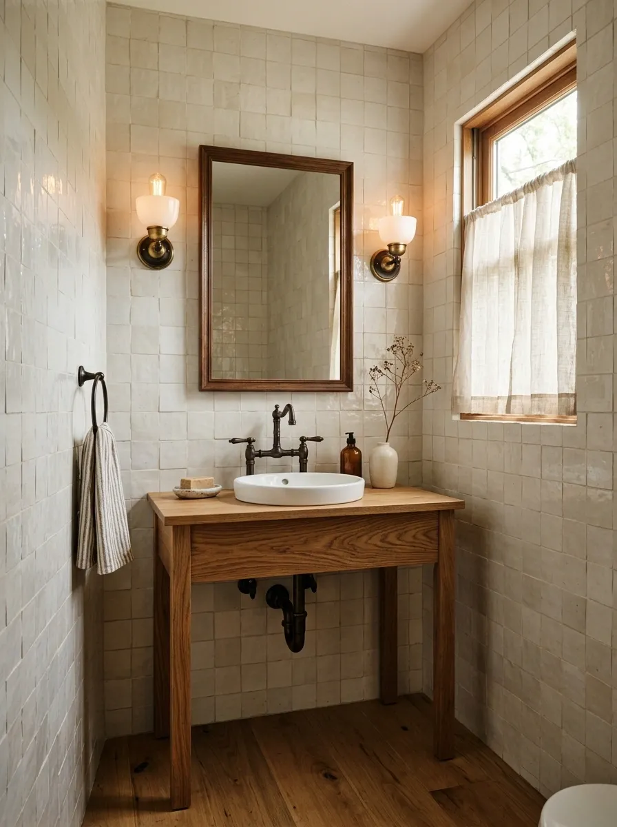 Small Bathroom With Cream Tile and Vintage-Inspired Fixtures