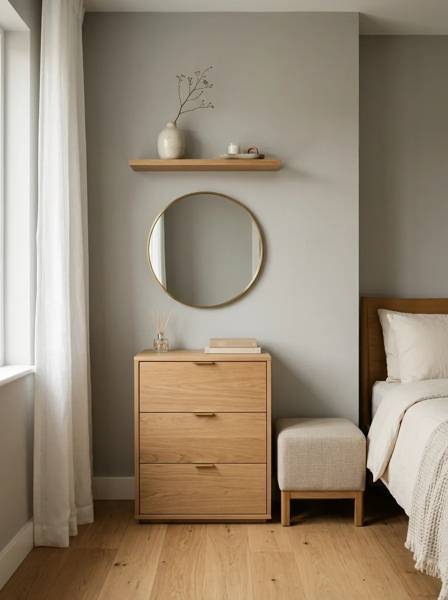 Small Bedroom Dresser With Wall-Mounted Mirror and Floating Shelf