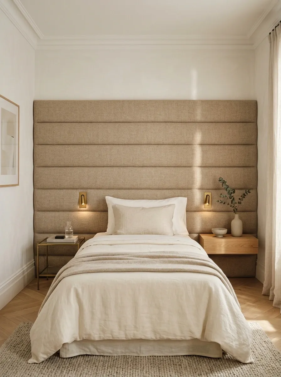 Small Bedroom With a Wall-to-Wall Upholstered Headboard