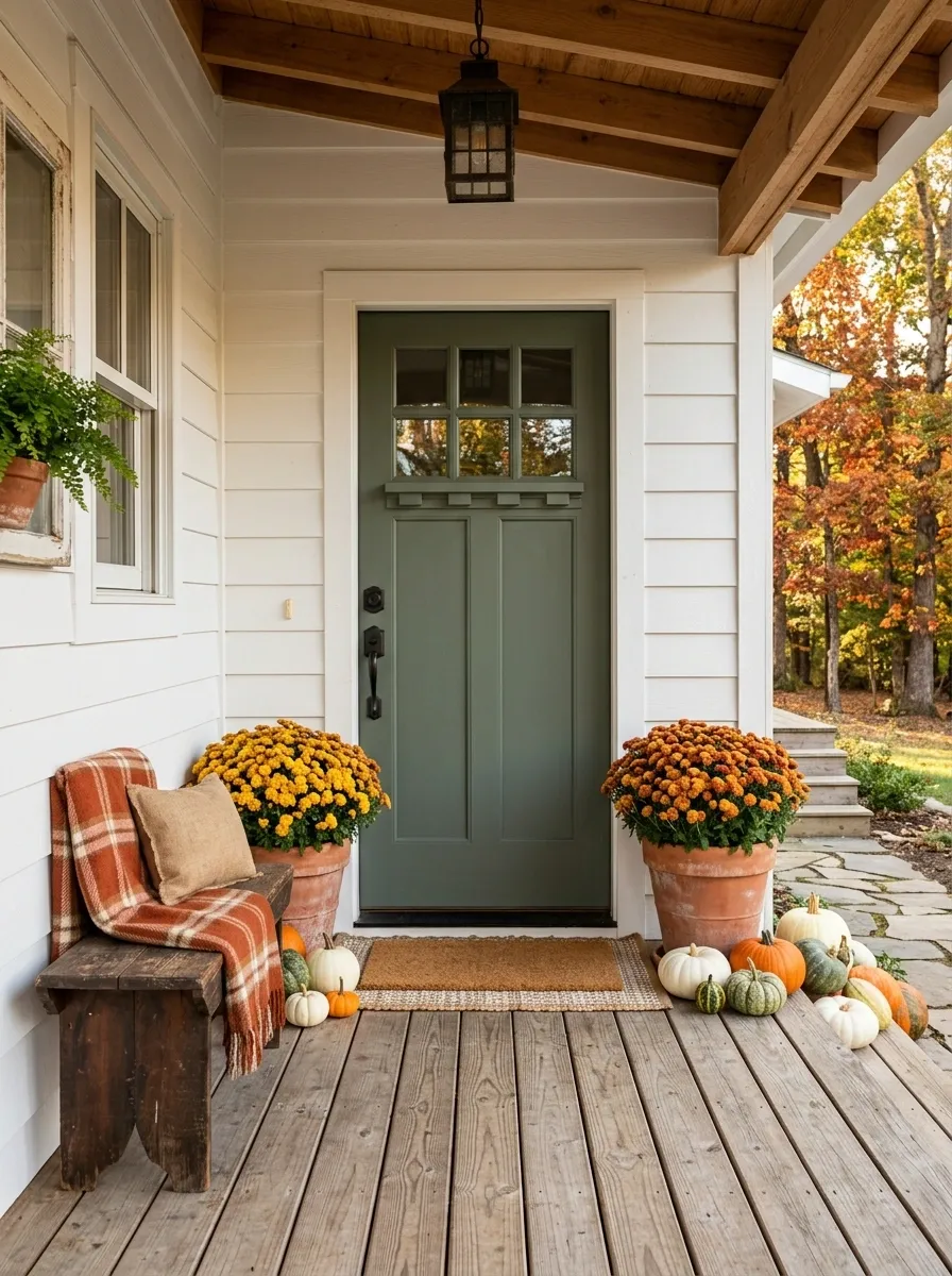 Small Bungalow Porch With Compact Mum Pairings