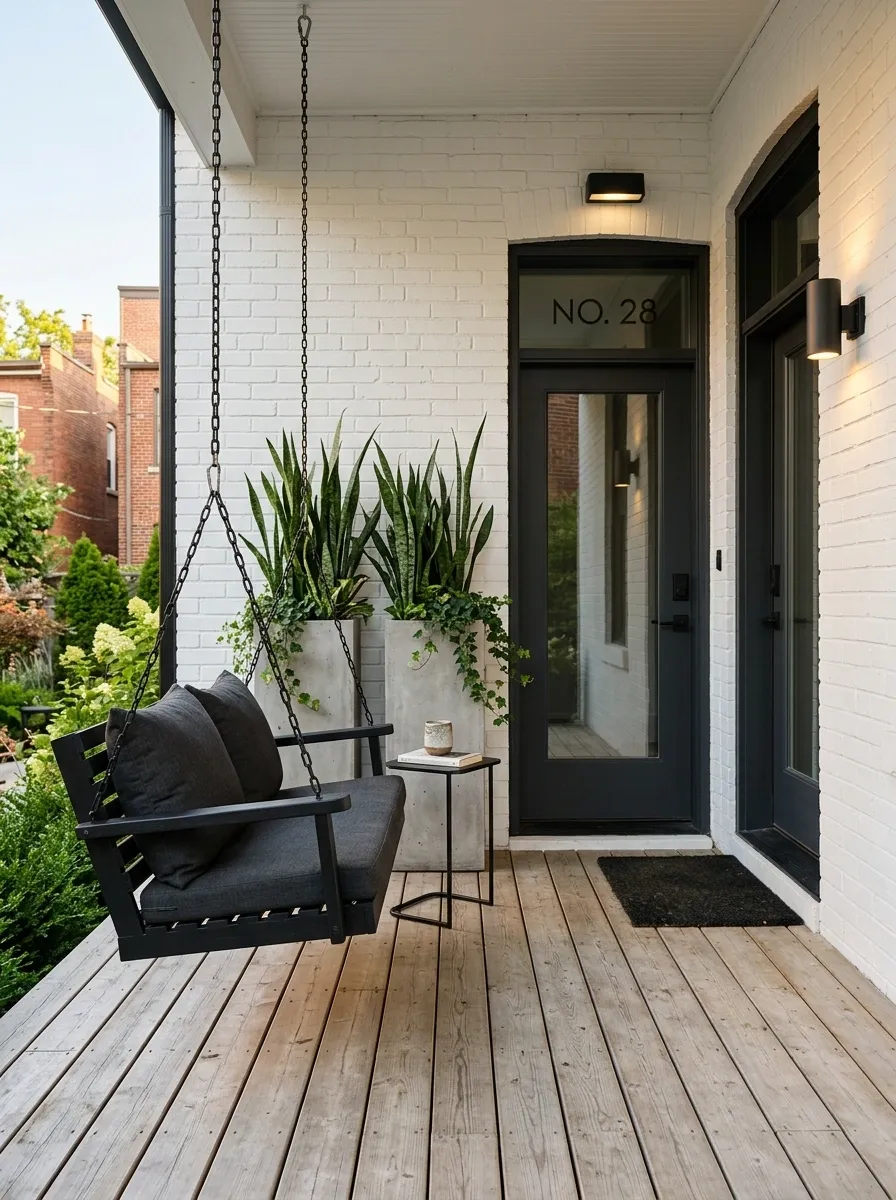 Small City Porch With Compact Black Swing and Vertical Planting