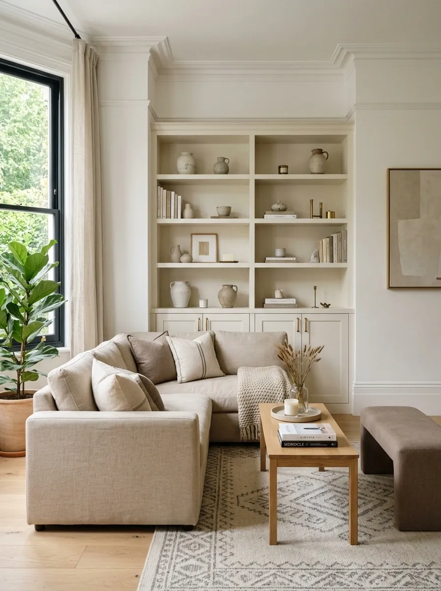 Small Corner Sofa With a Built-In Storage Wall