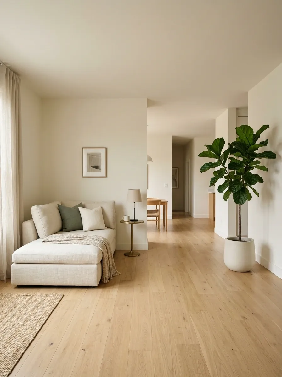 Small Corner Sofa With a Large Plant and Open Floor Around It