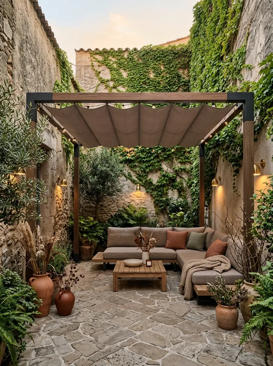 Small Courtyard Pergola With a Retractable Fabric Canopy