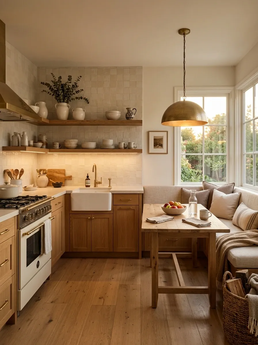 Small Cozy Kitchen With Warm Wood and Open Shelving