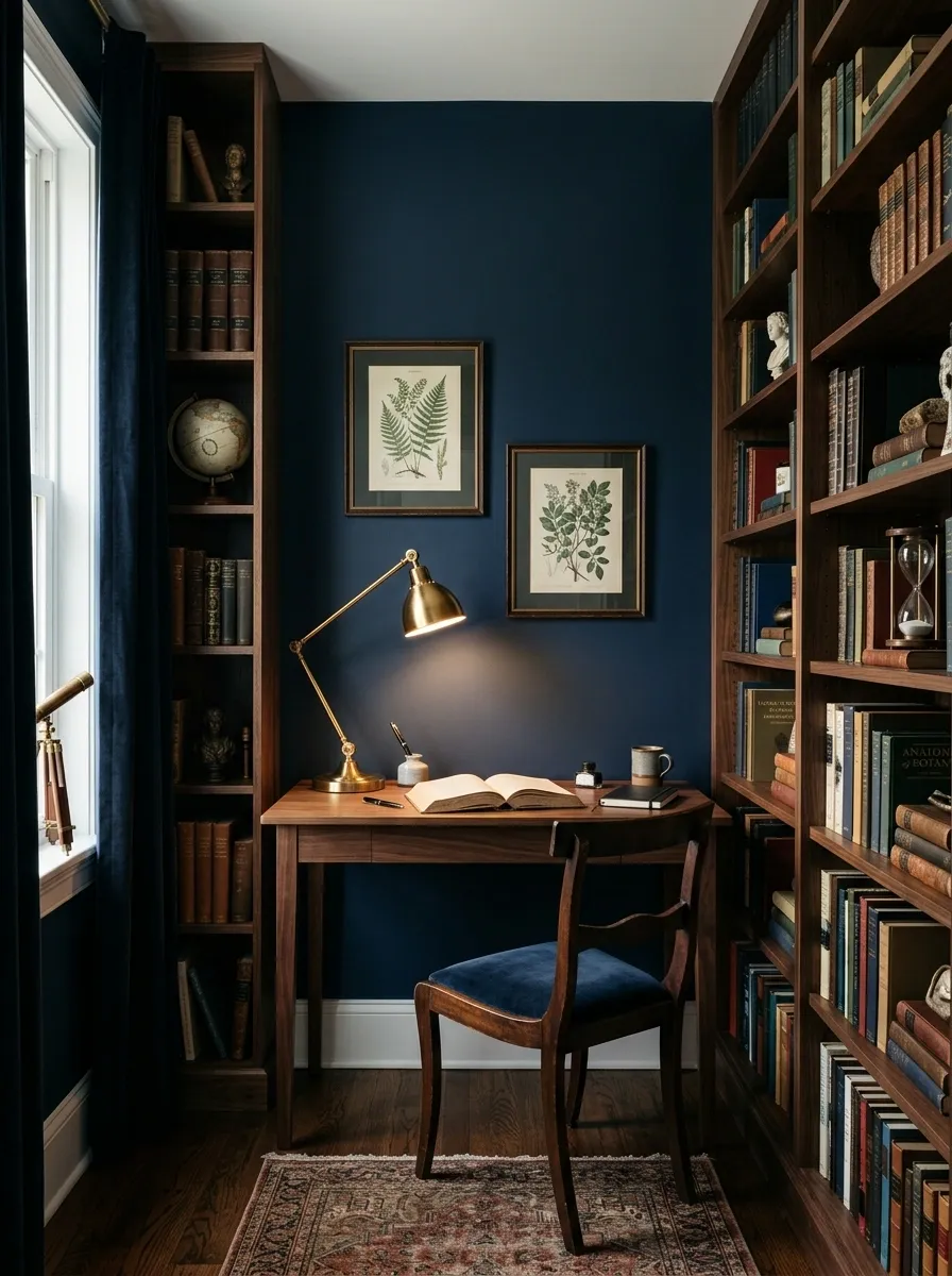 Small Dark Academia Office With an Inky Blue Wall
