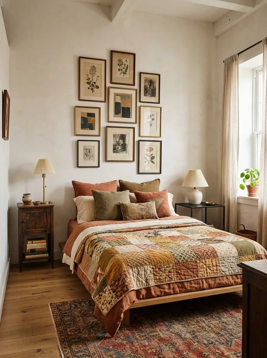 Small Eclectic Bedroom With Mismatched Nightstands and Layered Bedding