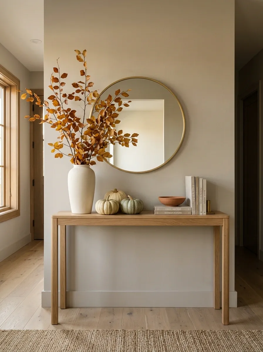Small Entry Table With One Tall Arrangement and Low Fall Layers