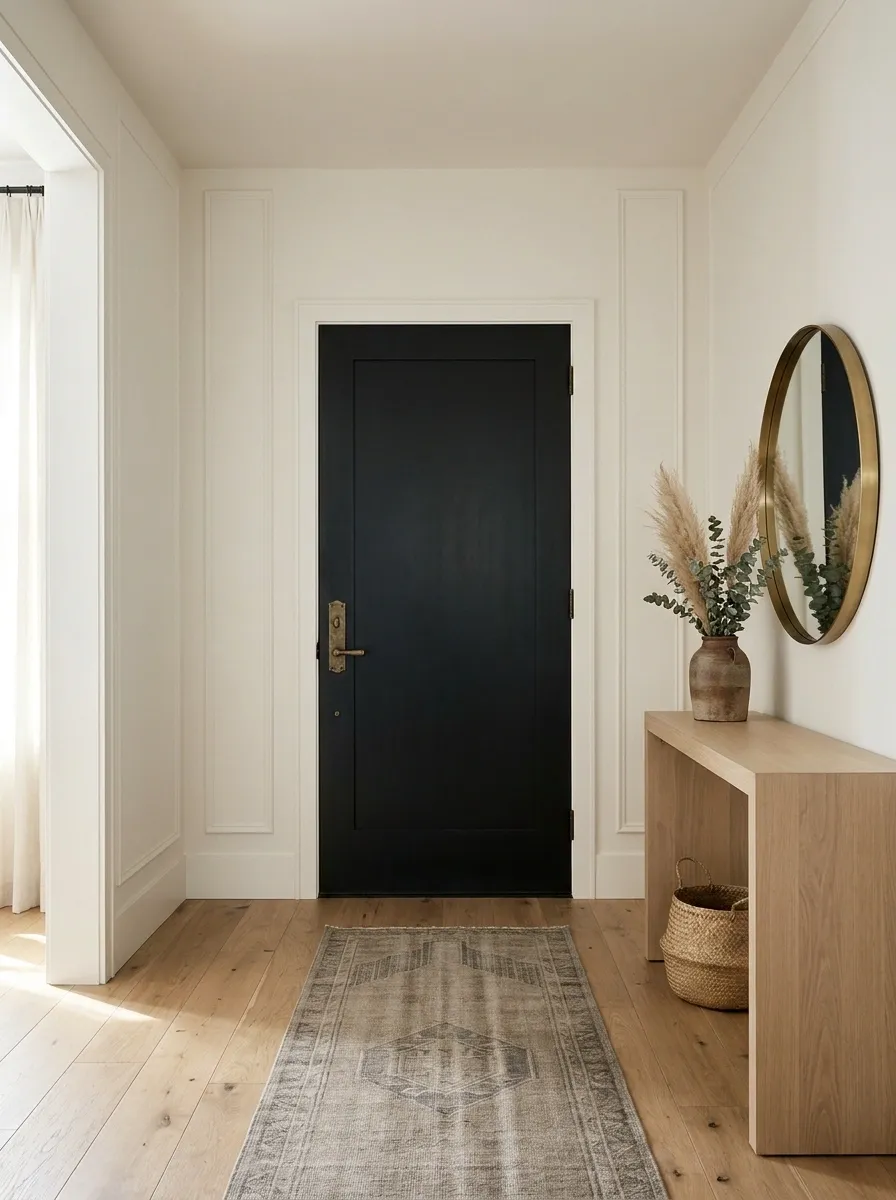 Small Entryway With a Bold Black Door and Quiet Surroundings
