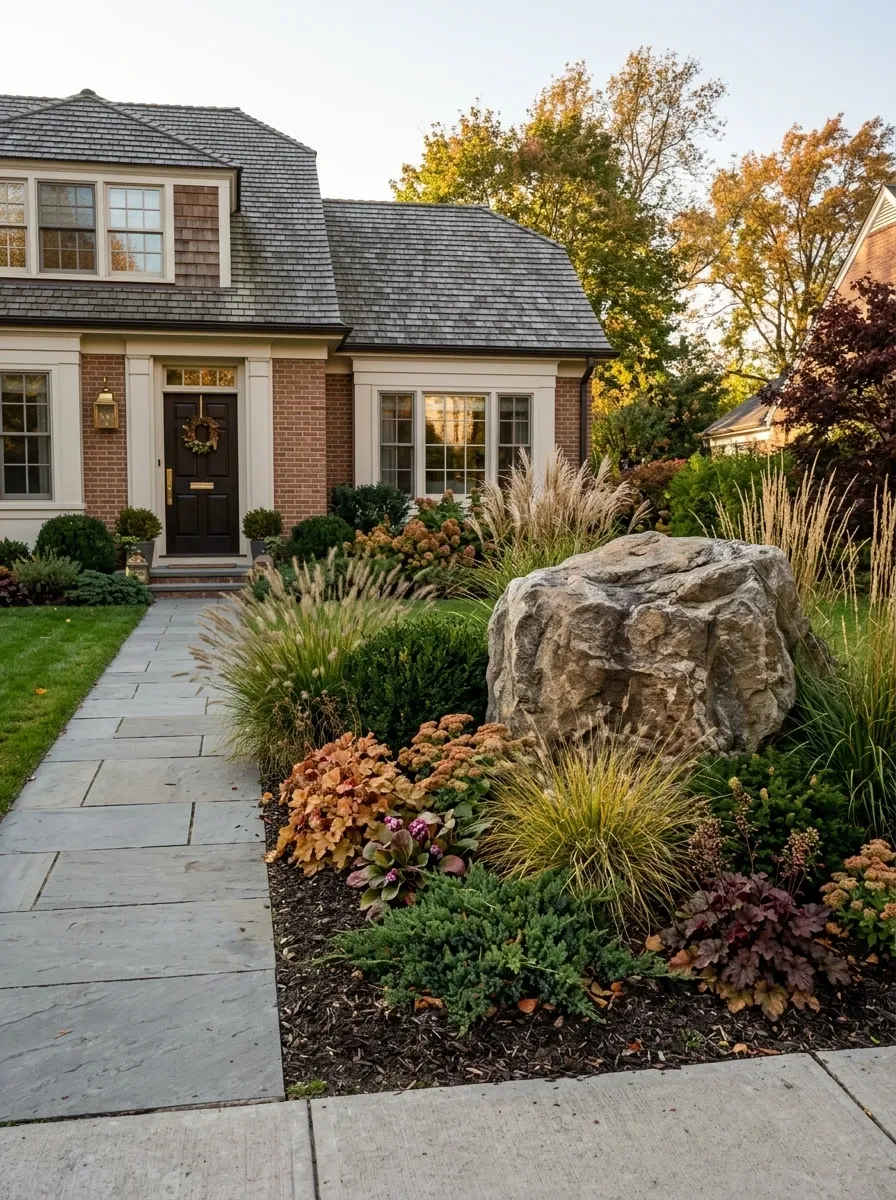 Small Front Yard With a Natural Stone Focus