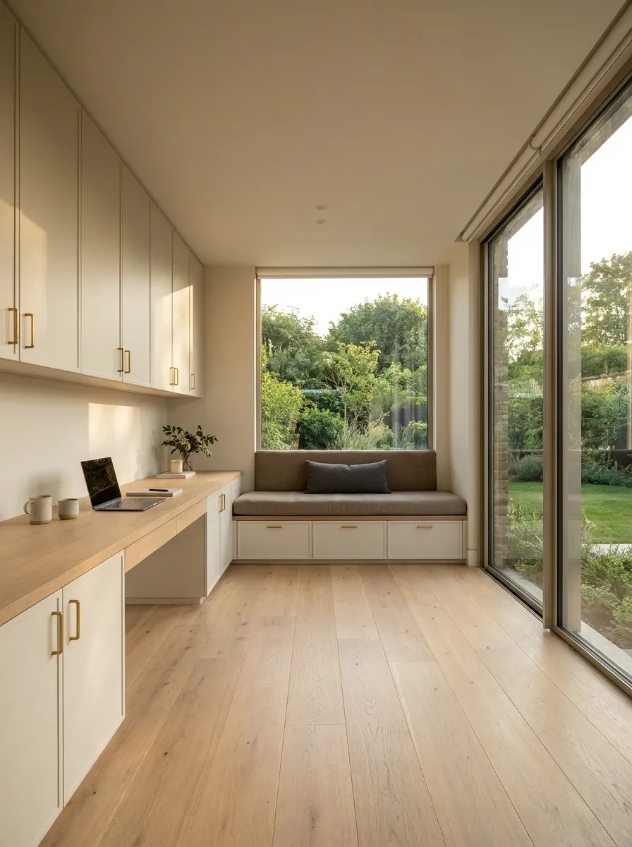 Small Garden Office With Built-In Desk and Window Seat
