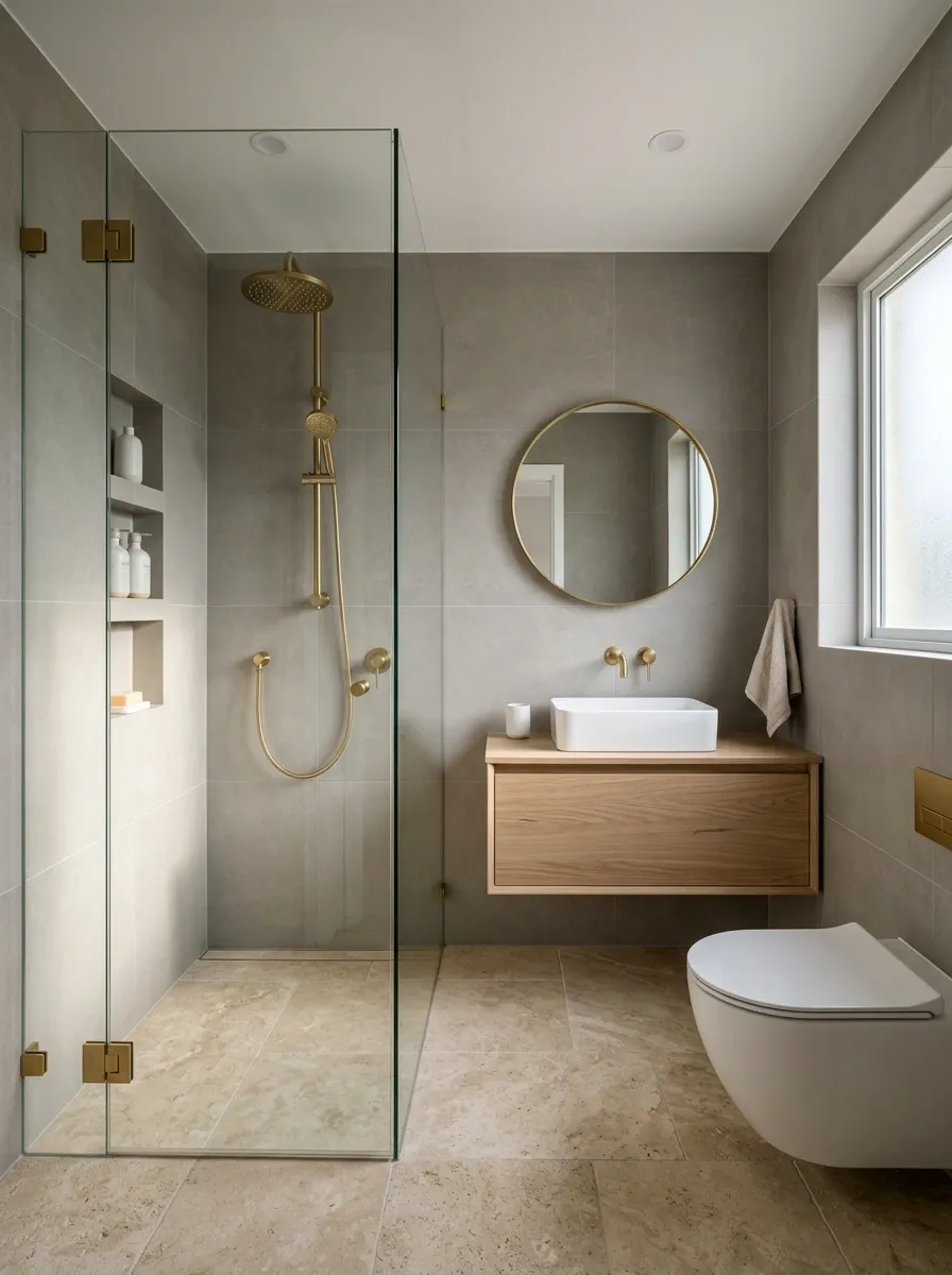 Small Grey and Beige Bathroom With Walk-In Shower