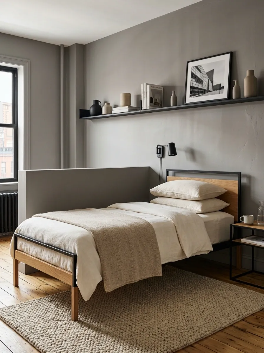 Small Industrial Bedroom With Black Steel and Oak