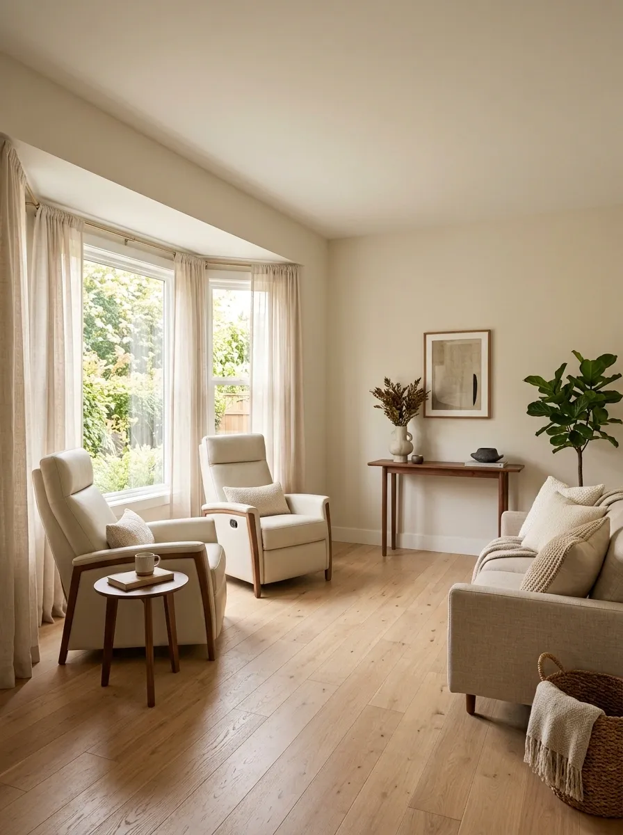 Small Living Room With a Bay Window and Two Recliners