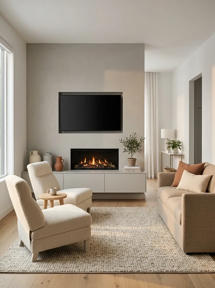Small Living Room With a TV Above a Low Fireplace