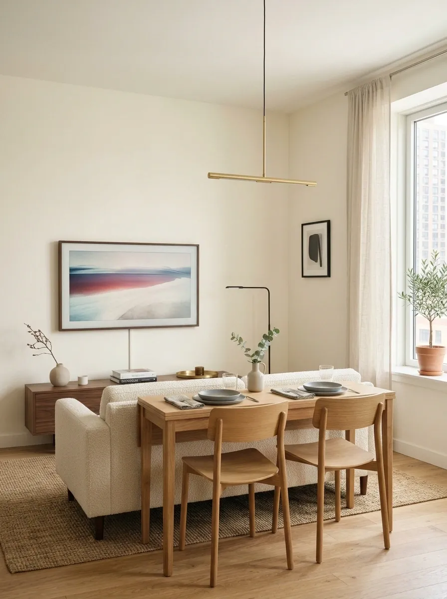 Small Living Room With a TV and a Fold-Out Dining Zone