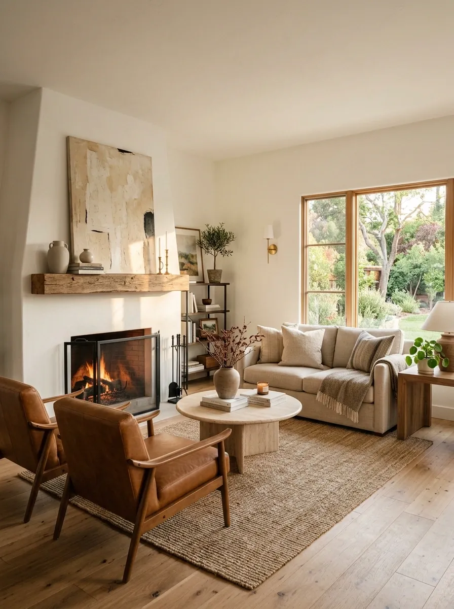 Small Living Room With an Off-Center Fireplace and Recliner Pair
