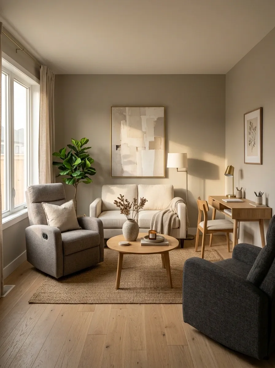 Small Living Room With Recliners and a Compact Desk