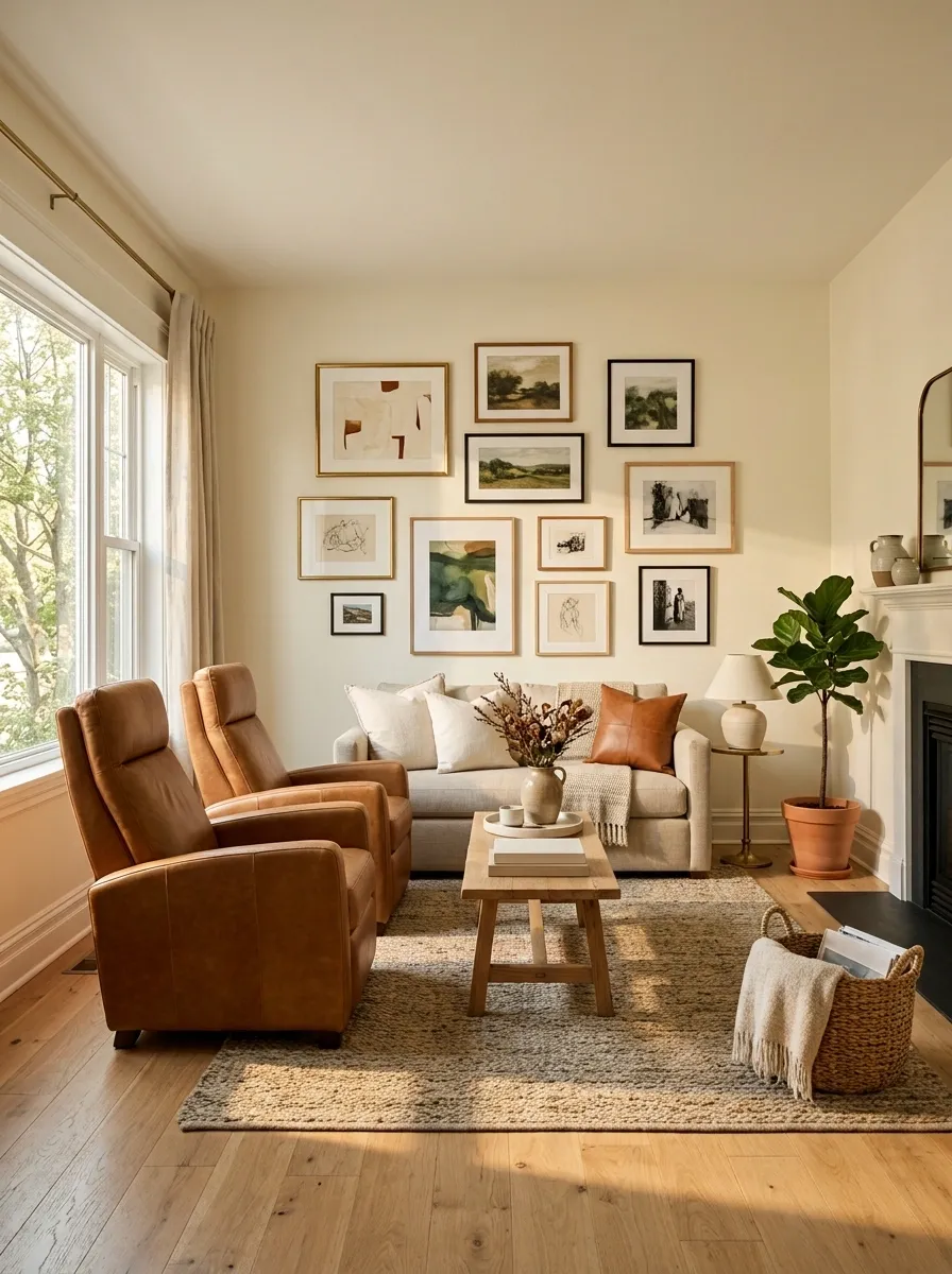 Small Living Room With Recliners Beneath a Gallery Wall