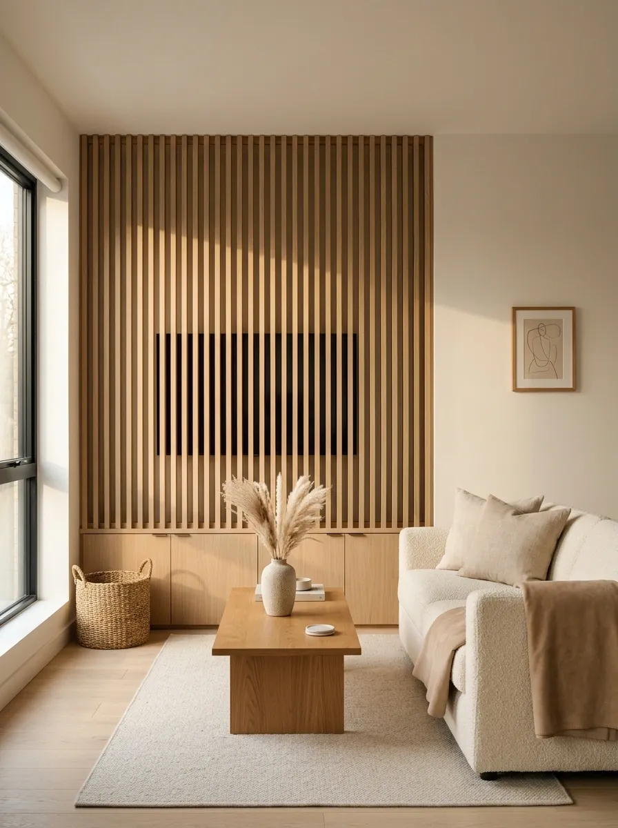 Small Living Room With TV Behind a Sliding Wood Screen