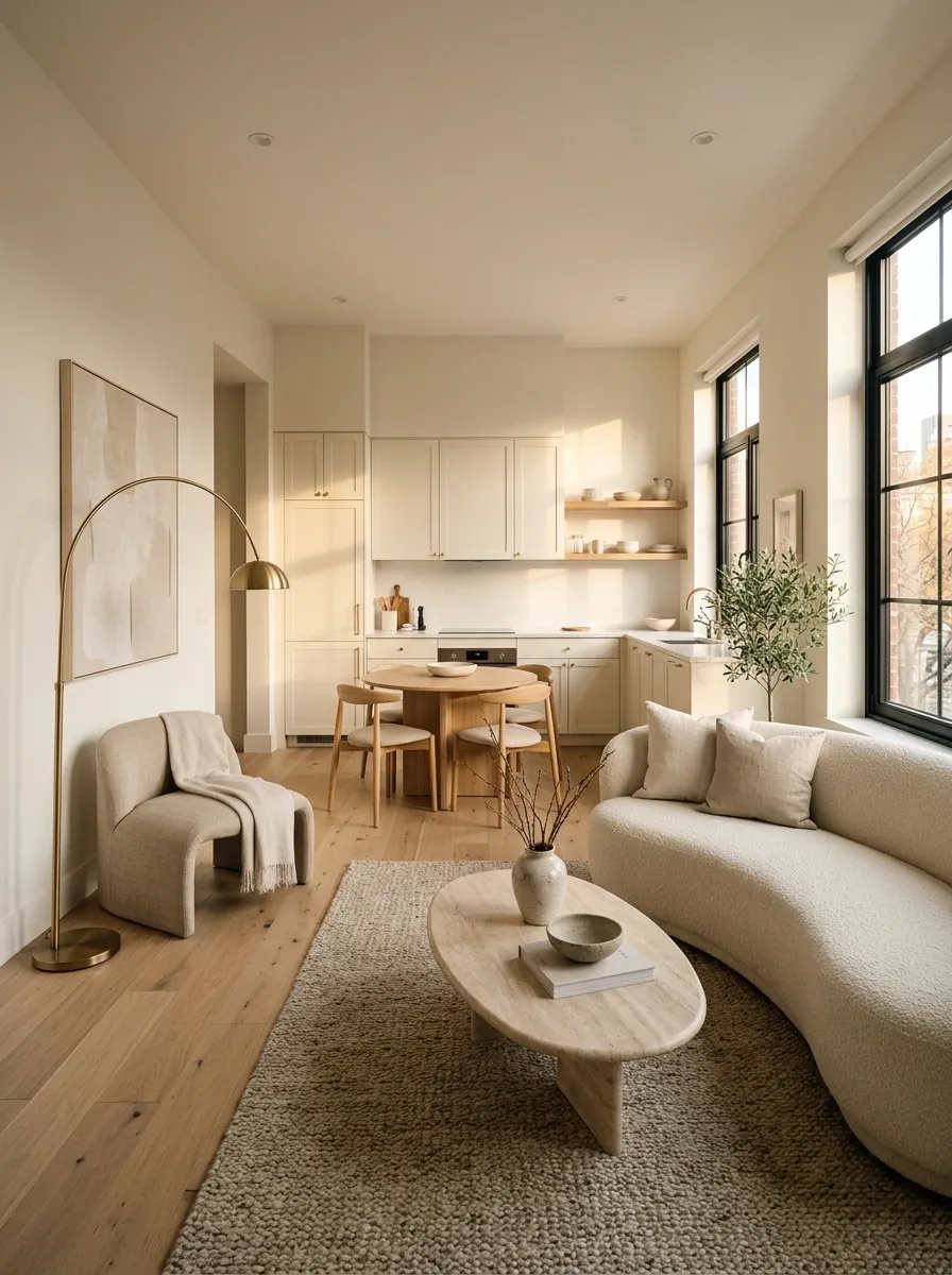 Small Open-Plan Apartment With a Curved Sofa as the Anchor