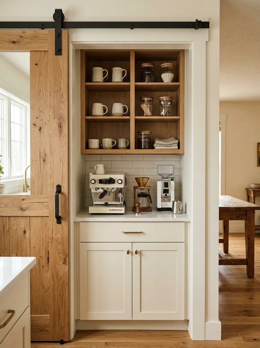 Small Pantry Coffee Bar With Sliding Barn Door