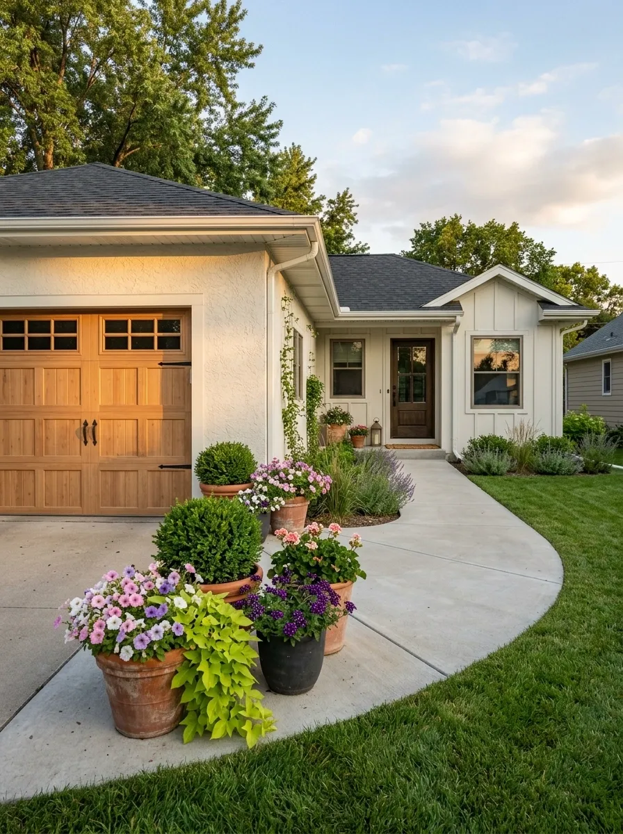 Small Ranch Garage With Cheerful Mixed Planters and a Simple Path