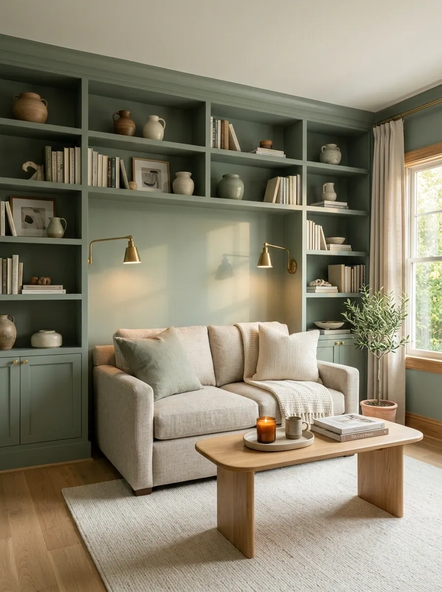 Small Sage Living Room With Built-In Storage and Compact Furniture